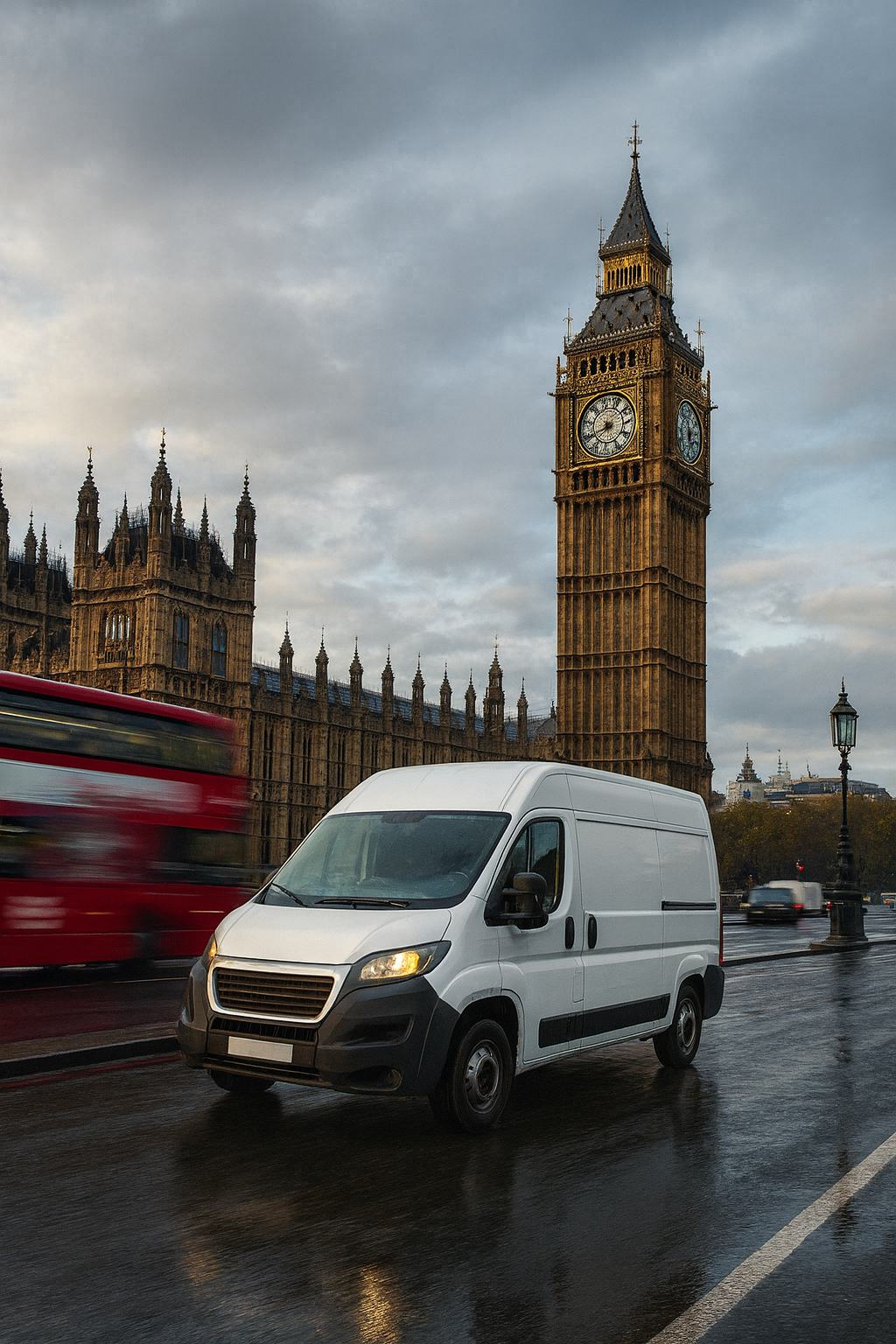 A delivery van cruising through London